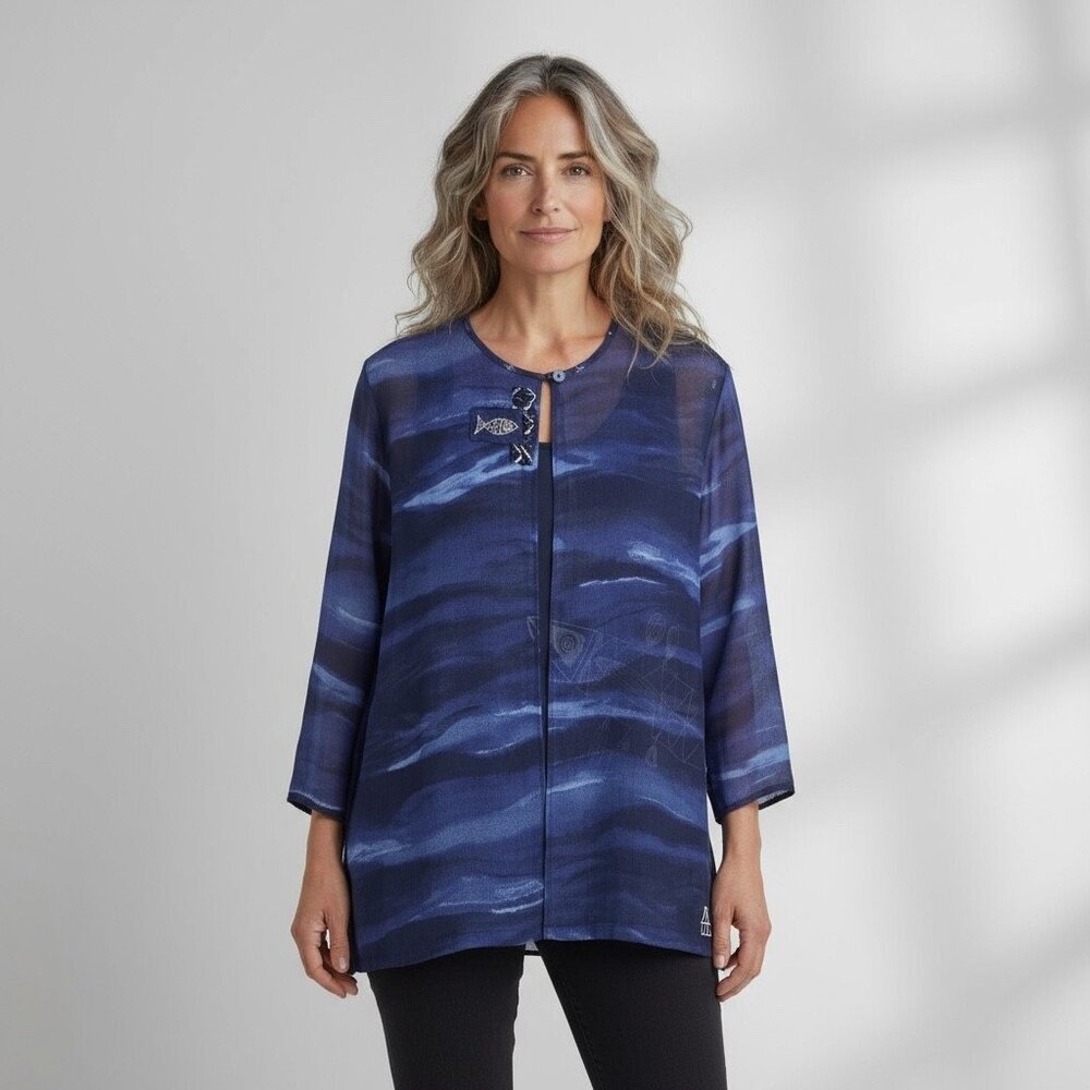 K.D. Spring Sheer Navy & White Batik Fish Print Jacket Artsy Rayon Crepe Size M